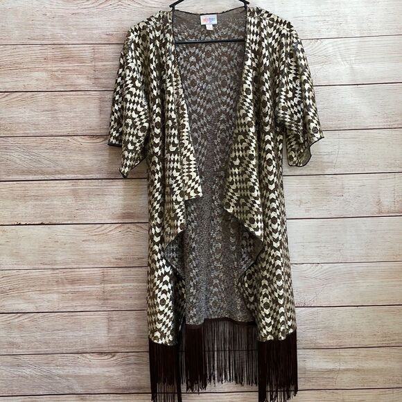 LULAROE METALLIC GOLD‎ AND BLACK KIMONO WITH FRINGE - Picture 2 of 4